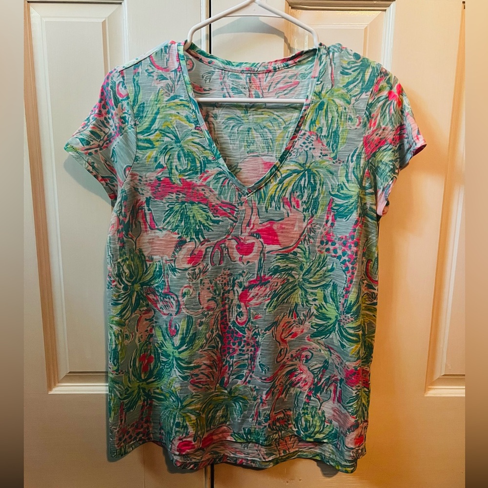 Lilly Pulitzer Etta V neck top in On Parade with elephant, flamingo & alligator